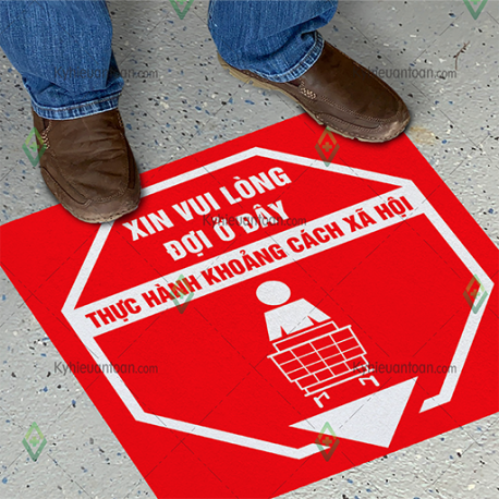 DS_090A, tấm dán sàn vui lòng chờ ở đây và thực hiện khoảng cách xã hội
