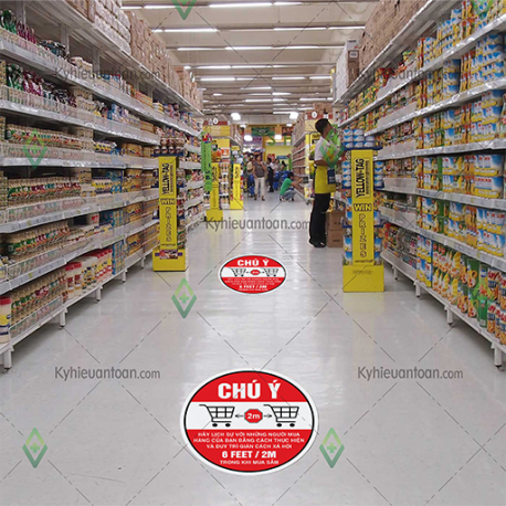 DS_097A, tấm dán sàn chú ý duy trì khoảng cách xã hội 2m khi mua sắm