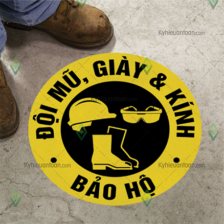 DS_140A, tấm dán sàn phải đội mũ, giày & kính bảo hộ